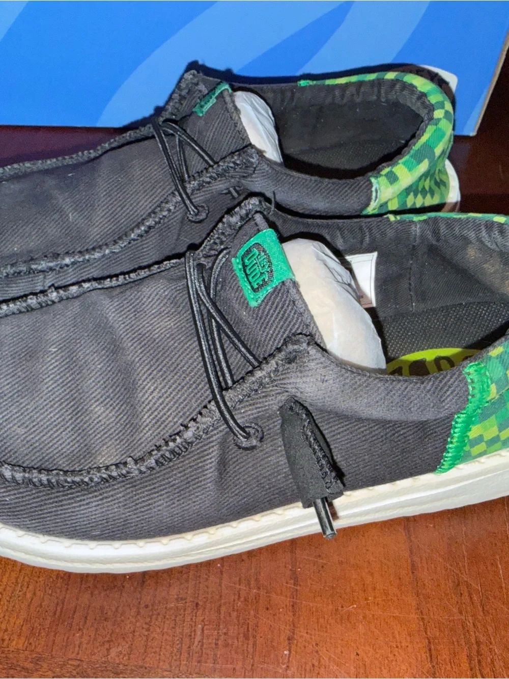 Hey Dude Kids Black Sneakers with Green Checker Heel